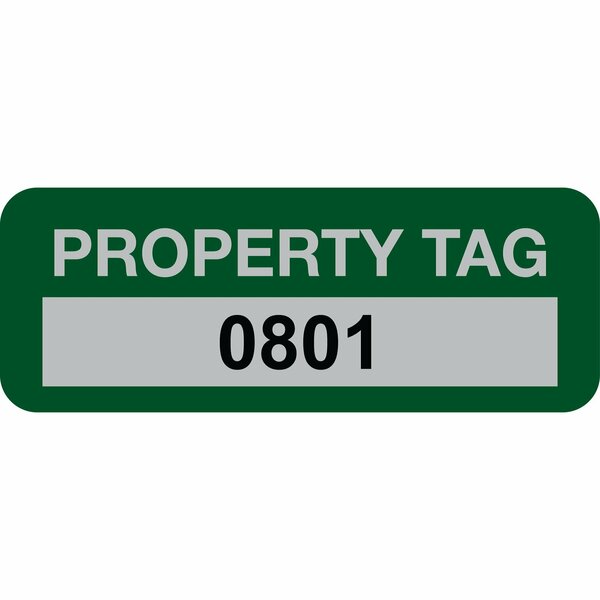 Lustre-Cal Property ID Label PROPERTY TAG5 Alum Green 2in x 0.75in  Serialized 0801-0900, 100PK 253740Ma1G0801